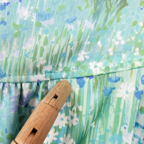 Vintage 70s Blue / Green Watercolor Floral Print Sheer Sleeve Dress - Picture 12 of 12